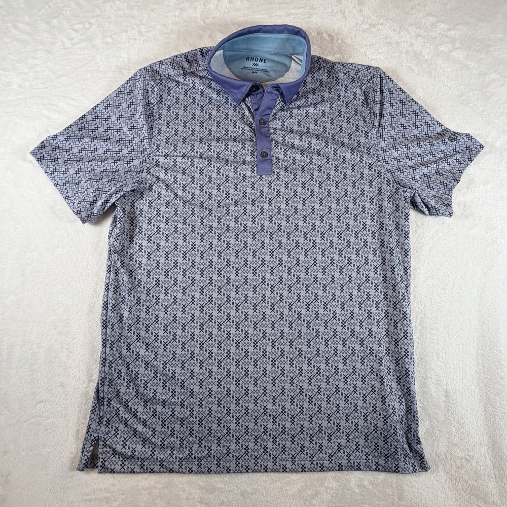 Rhone Polo Men's M Blue Performance Short Sleeve Shirt Geometric Golf Stretch